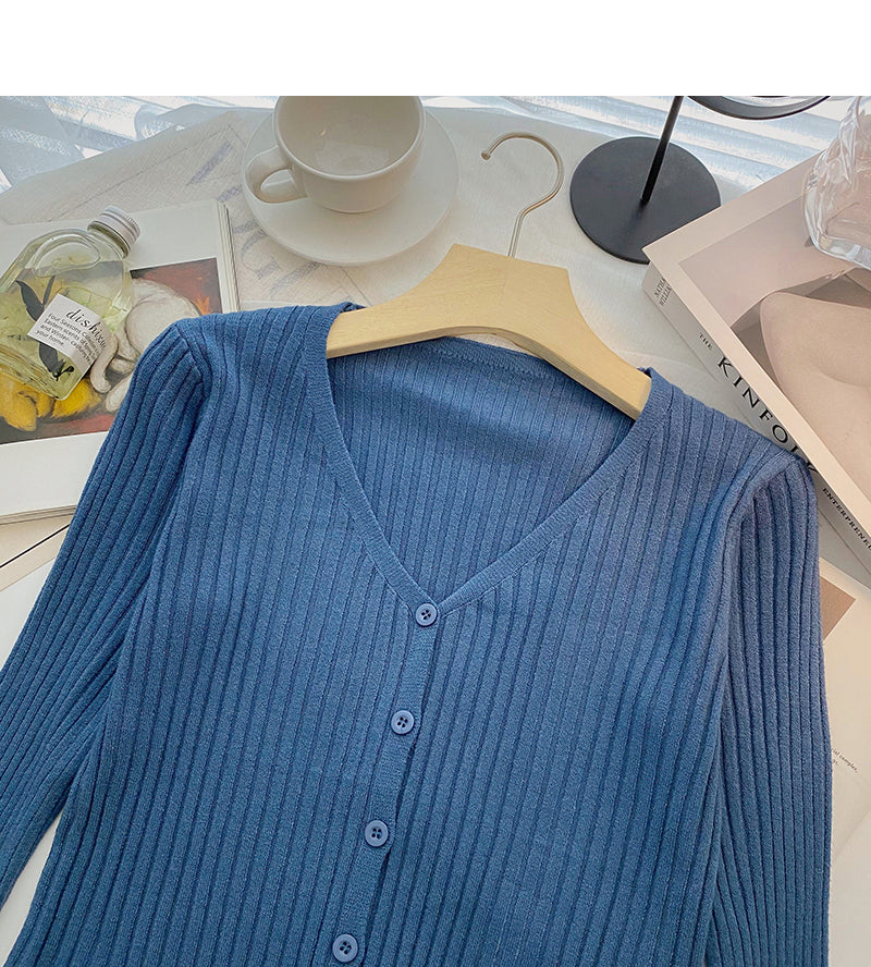 Knit cardigan slim slim V-Neck long sleeve top  6514