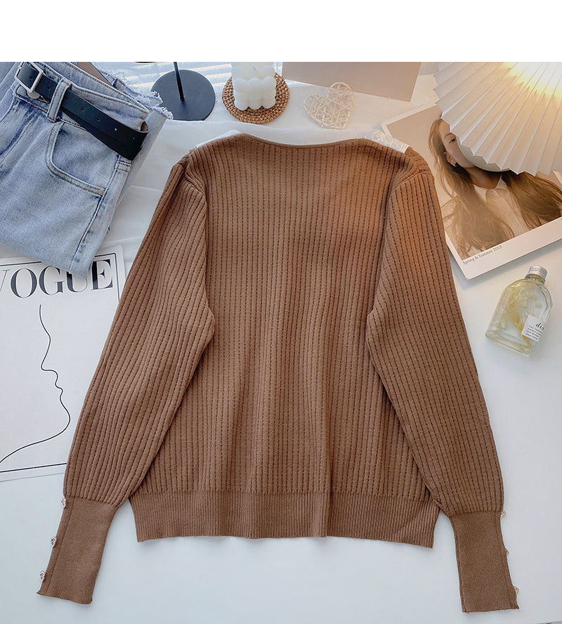 Design Sense Strickwaren Vintage Langarm Pullover Revers Top 6660