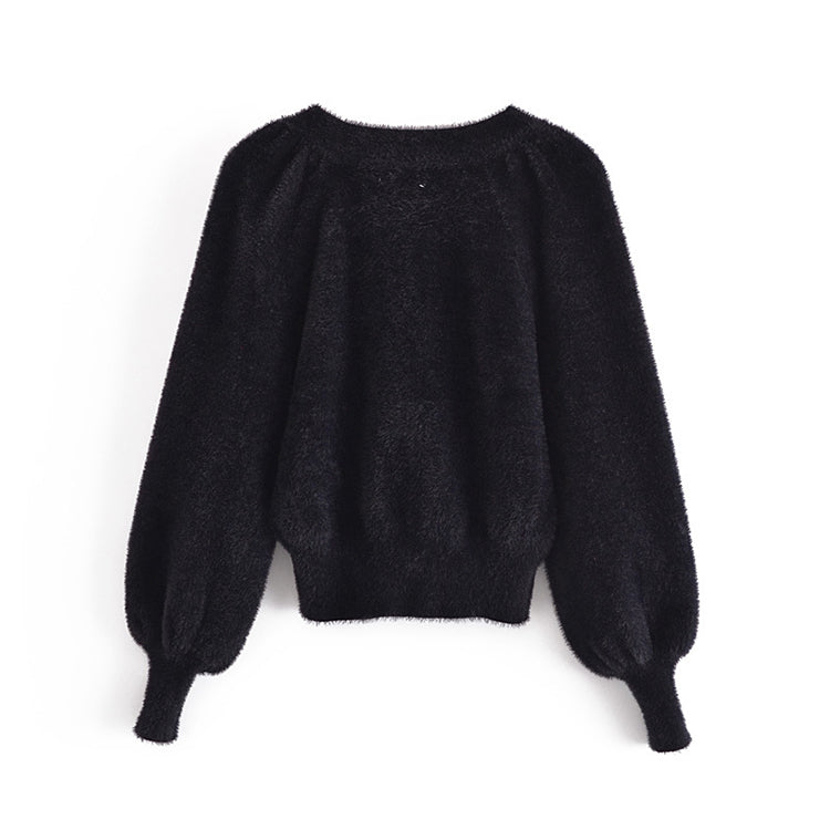 V-neck three button Lantern Sleeve Top Coat women's knitted cardigan  7237