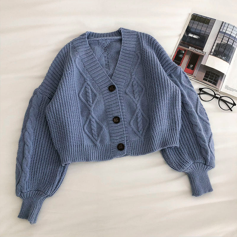 Loose coat women's long sleeve retro three button sweater  5836