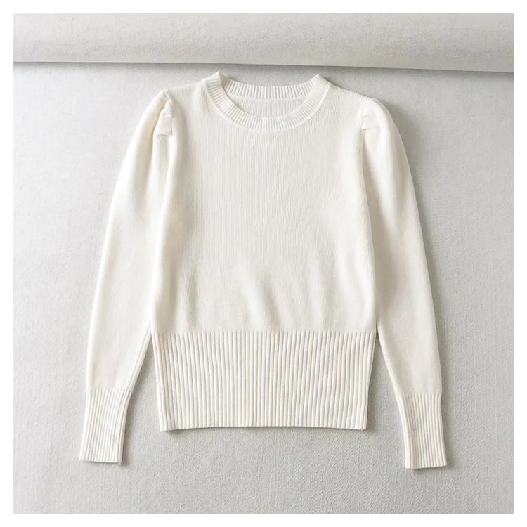 Round neck bubble sleeve elastic slim knit sweater  7444