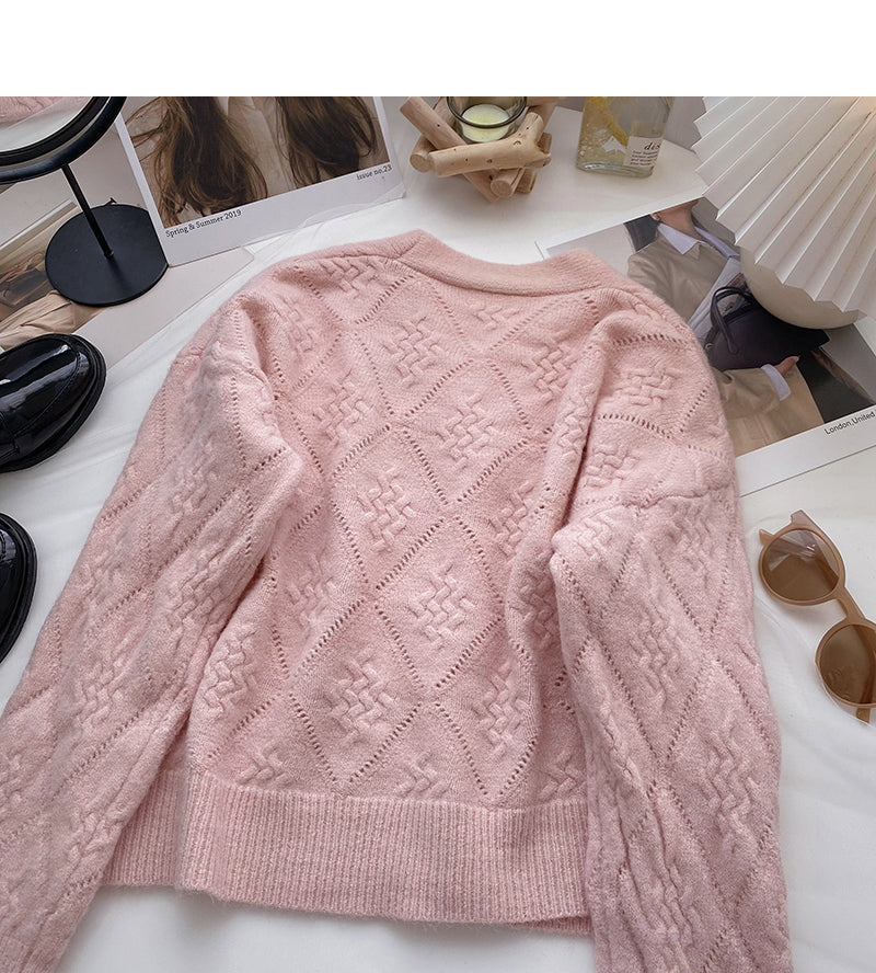 French retro pearl button V-Neck long sleeve top  6125