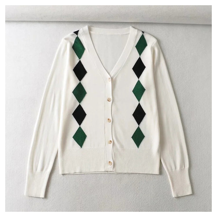 V-neck rhombic jacquard loose thin knit cardigan top  7443