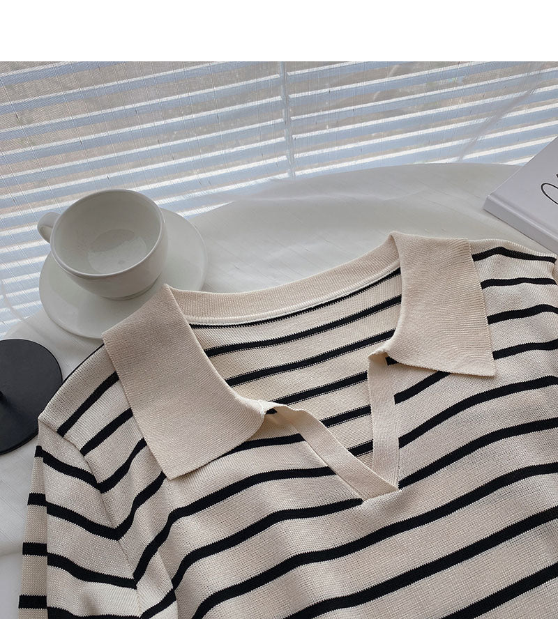 Langarm-Revers-Pullover mit lockeren Streifen 6452