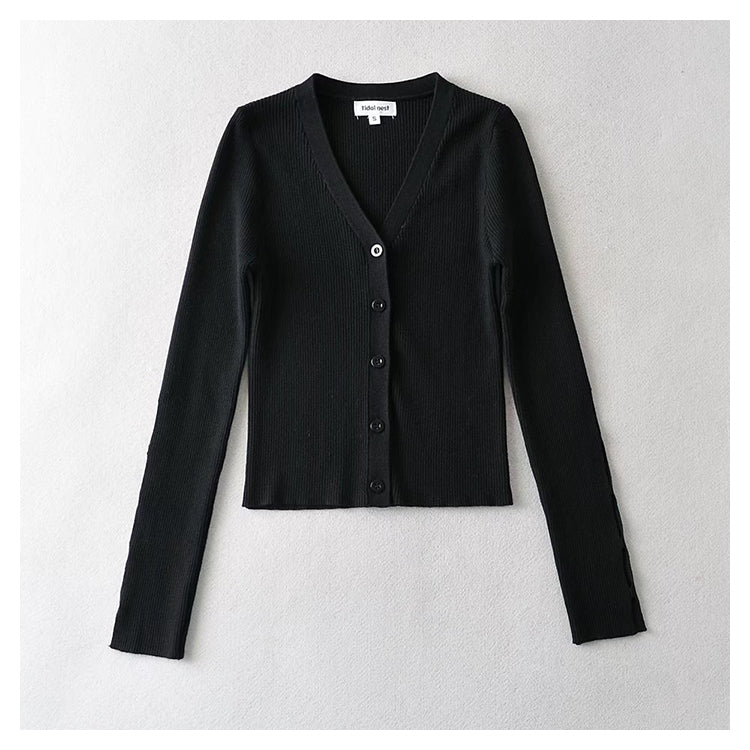 V-neck single breasted high waist open navel knitted cardigan  7385