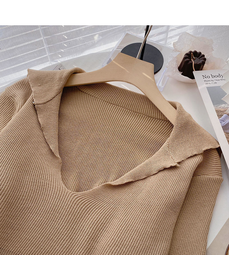 Navy collar temperament solid color sweater women  6133