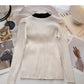French square neck contrast thin long sleeve sweater  6492