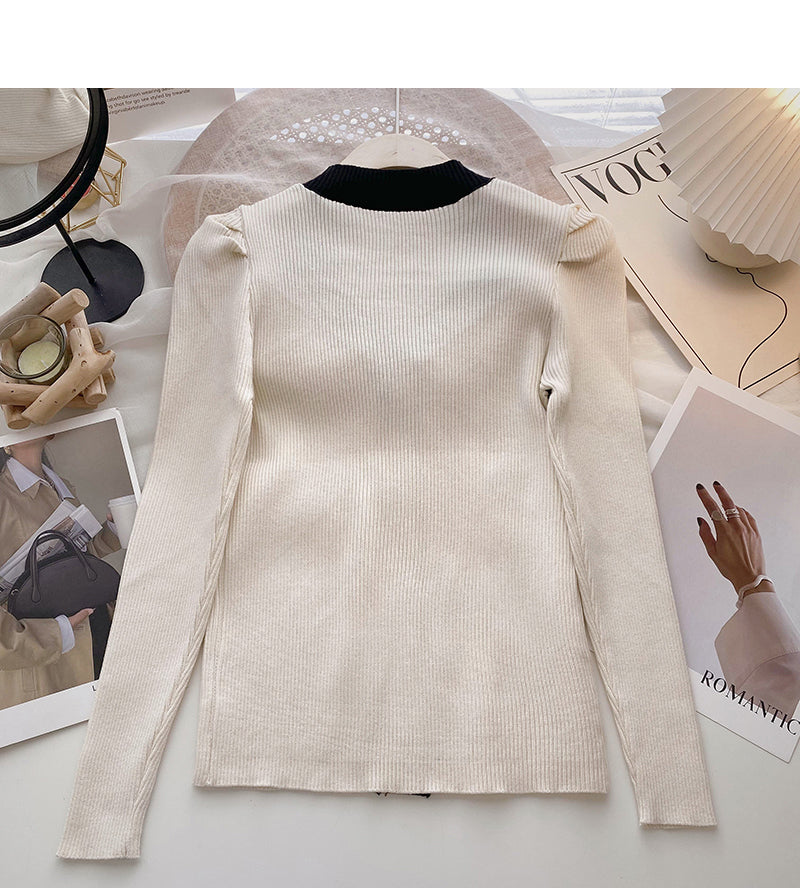 French square neck contrast thin long sleeve sweater  6492