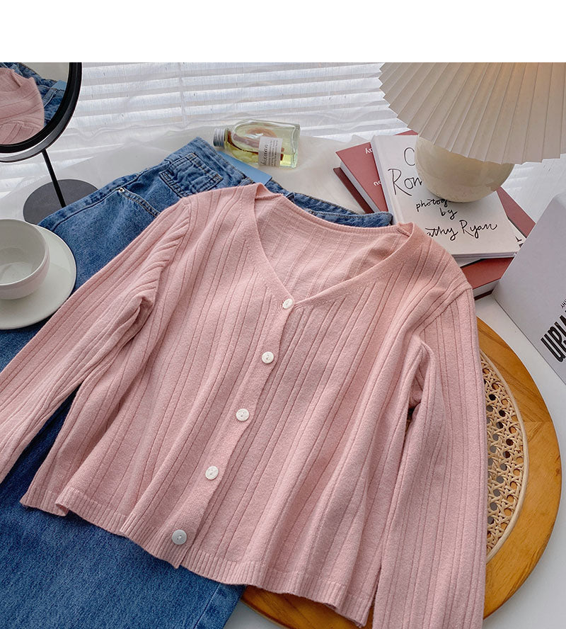 Temperament V-neck short long sleeve versatile top  6464