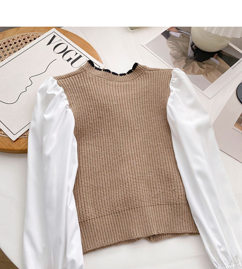 French small square neck stitched long sleeve fake two-piece blouse  6683
