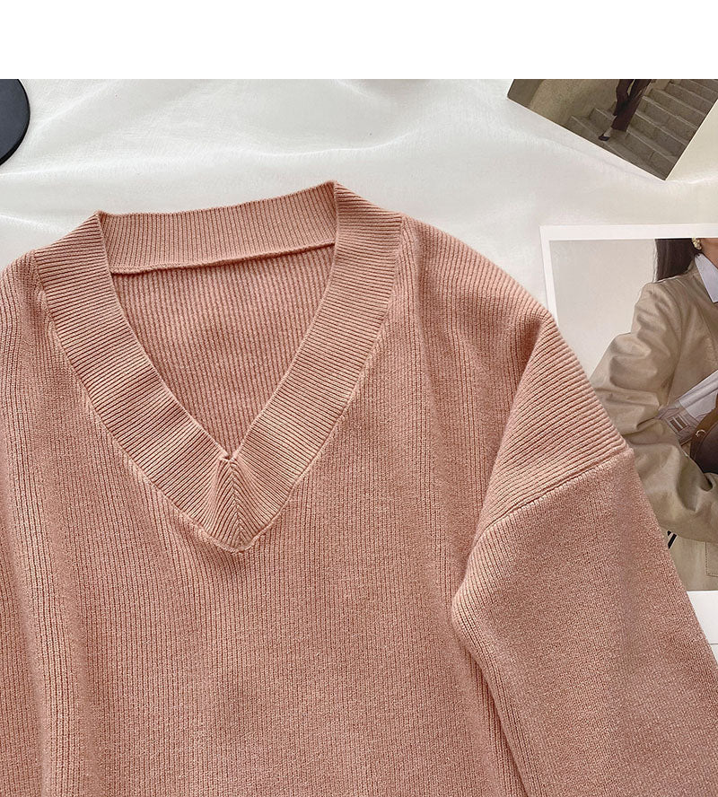 Fauler Strickpullover einfarbig V-Ausschnitt Pullover Top 6677
