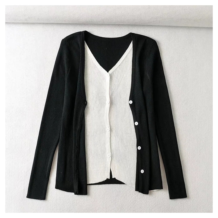 V-neck breasted color contrast fake two slim knit Cardigans  7471