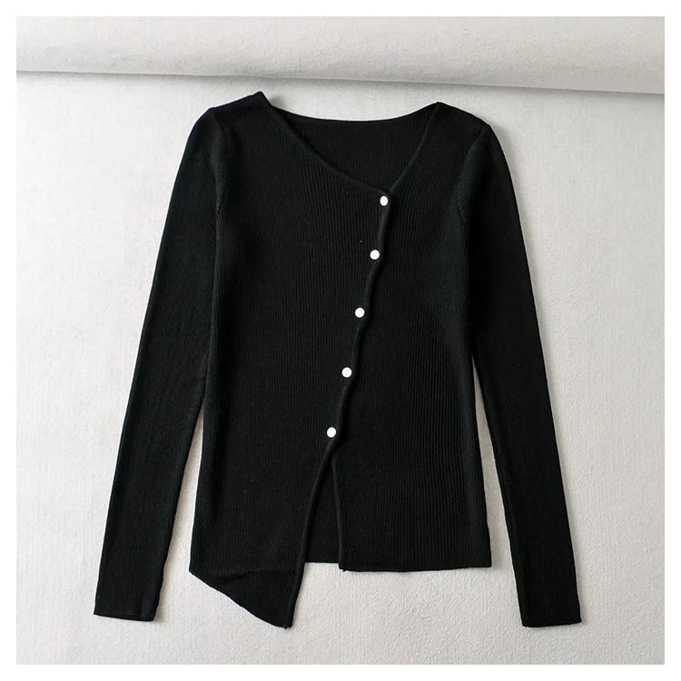V-neck button irregular slim long sleeved sweater  7465