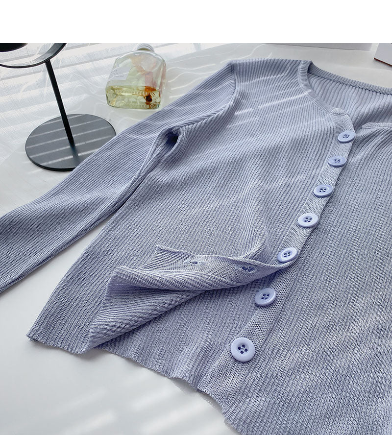 Knitwear long sleeve thin round neck single breasted cardigan  6530