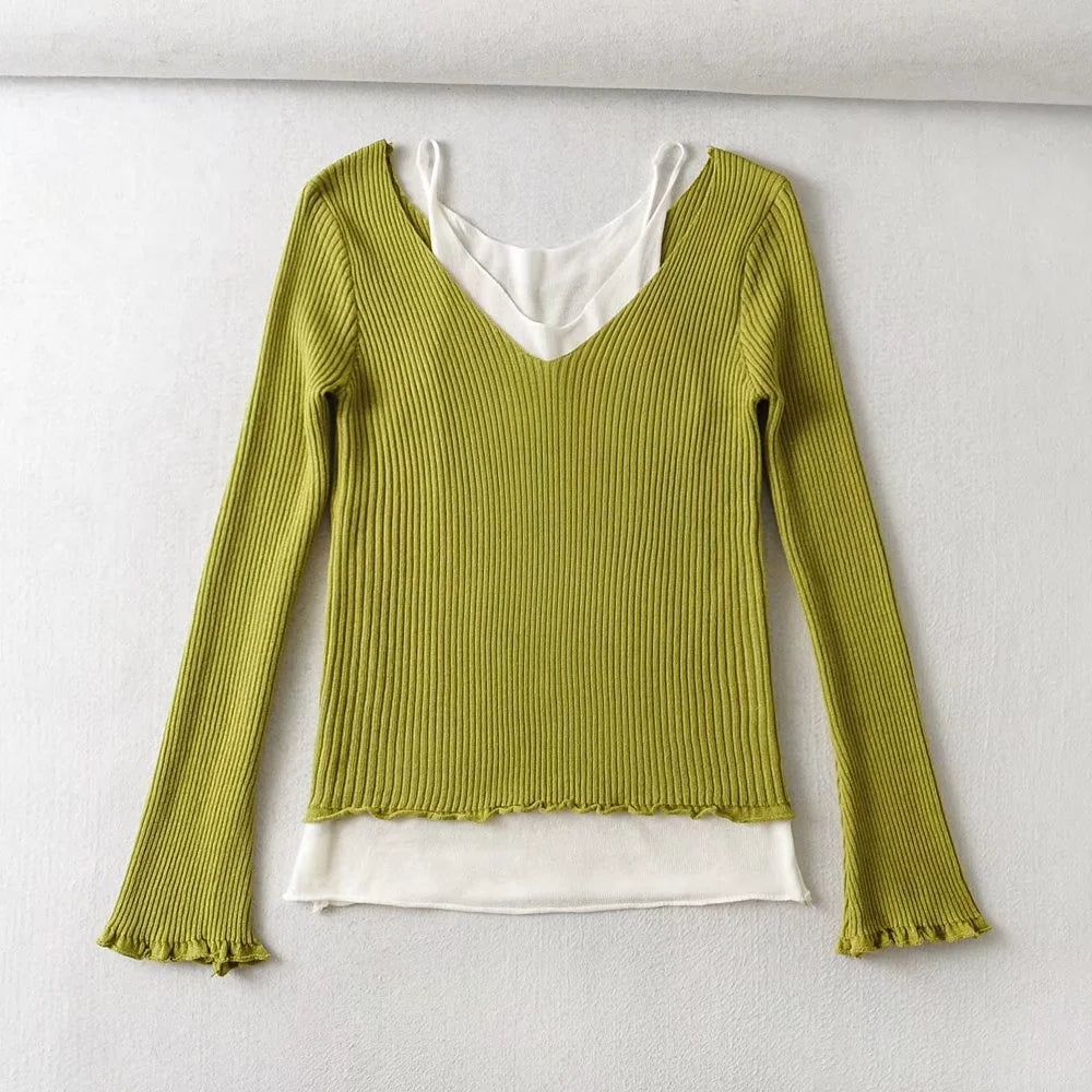Tricot slim polyvalent à deux épaules dénudées et contraste de sens du design 7386