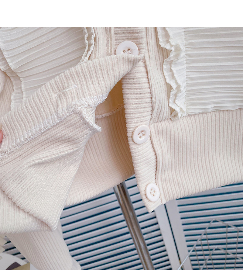 Cardigan chemise vintage à col en V en dentelle froncée 6408