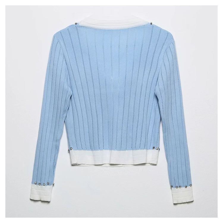 Xiaoxiangfeng V-neck heavy industry rivet bow knit cardigan  7294