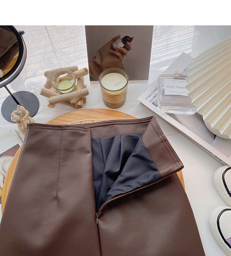 Korean solid color versatile fashion high waist PU leather bag hip skirt  5540