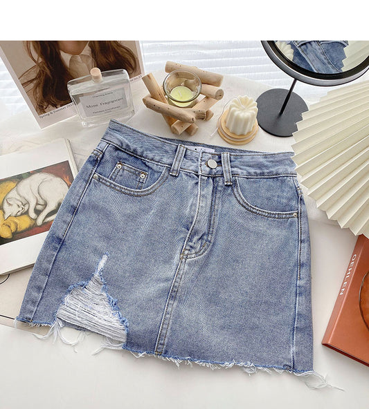 Denim bag hip short skirt personality hole high waist A-line skirt  5366