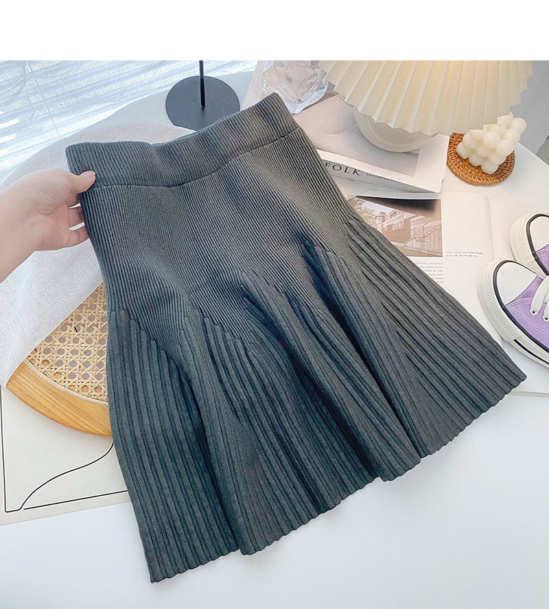 Simple little man versatile pleated high waist A-line skirt  5468