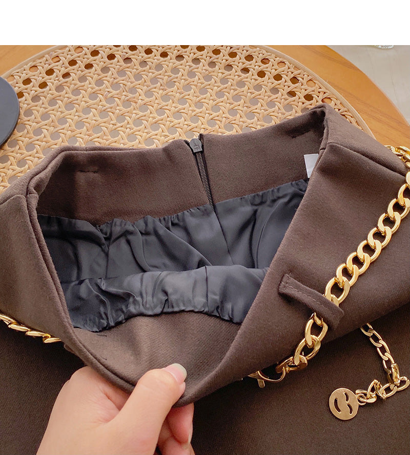 Fashion simple temperament solid color high waist skirt with chain  5469