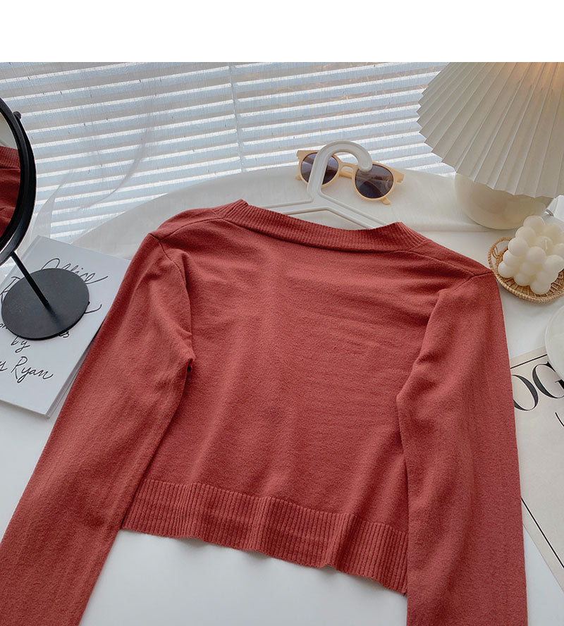 Long sleeve V-neck short T-shirt solid small coat  6442