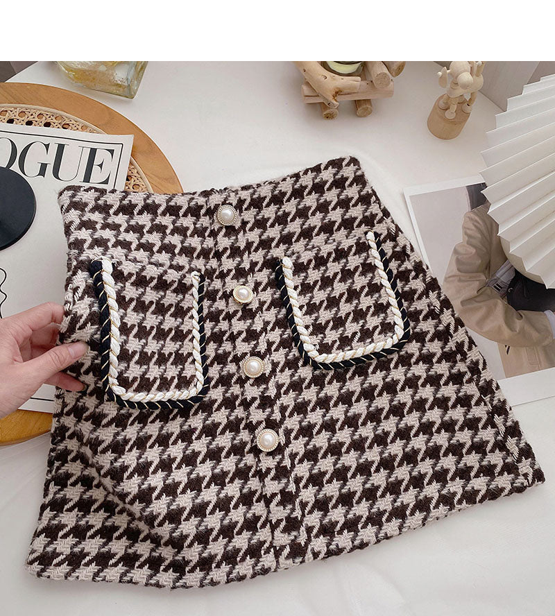 Pearl button small fragrance wind high waist thousand bird grid A-shaped skirt  5371
