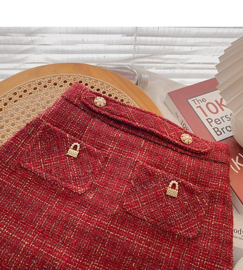 Jupe courte en tweed de soie brillante pour femme Jupe taille haute à carreaux rétro en forme de A 5510