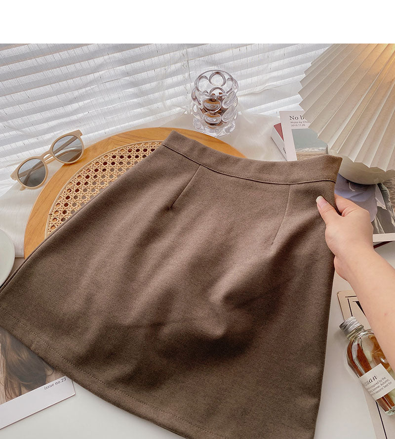 Koreanischer, einfarbiger, vielseitiger, schmaler A-förmiger Rock mit hoher Taille 5446