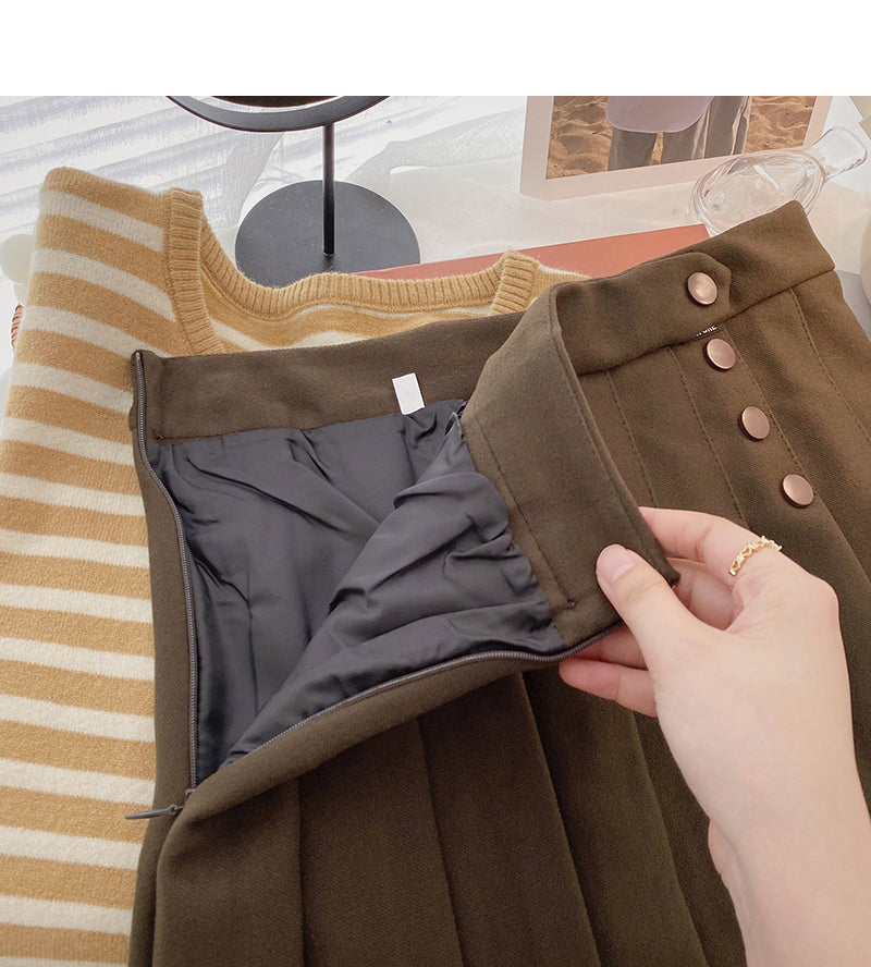 Simple age reducing solid color high waist thin pleated skirt  5474