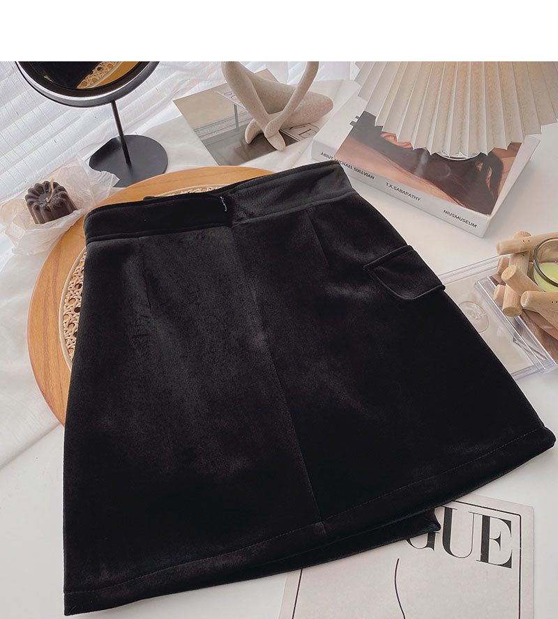Golden velvet skirt irregular personality button high waist  5361