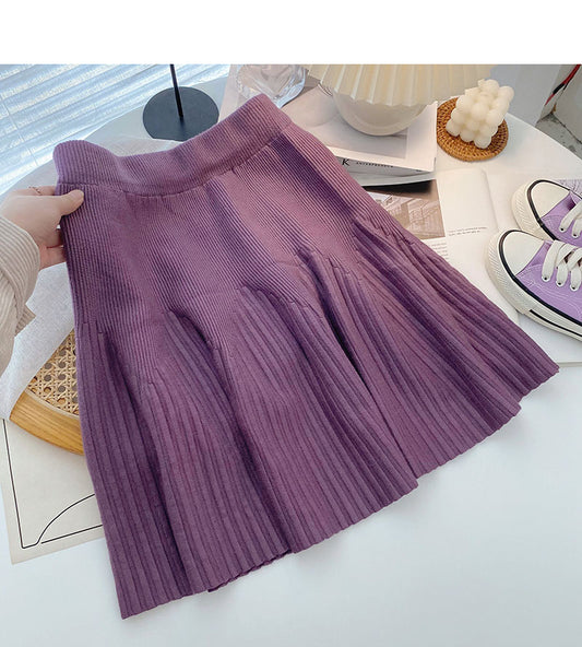 Simple little man versatile pleated high waist A-line skirt  5468
