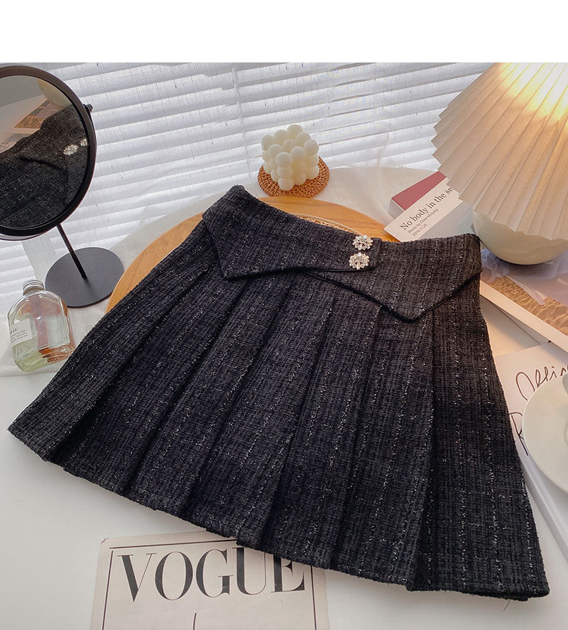 Small fragrance pleated skirt thin high waist tweed A-shaped plaid skirt  5291