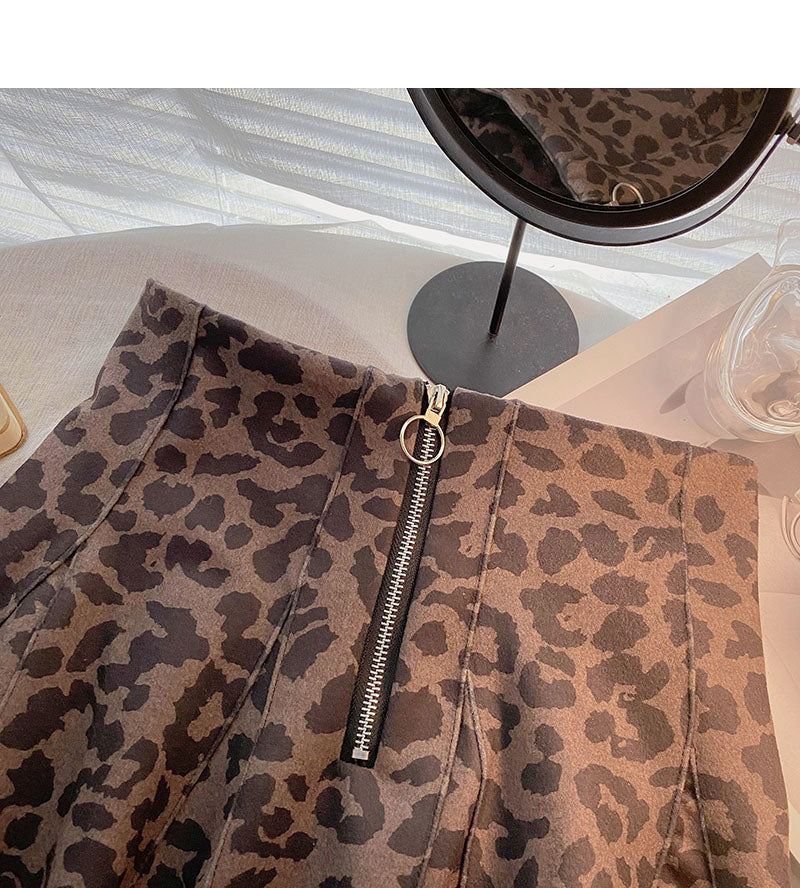 Design sense personalized fashion zipper high waist A-line leopard skirt  5448