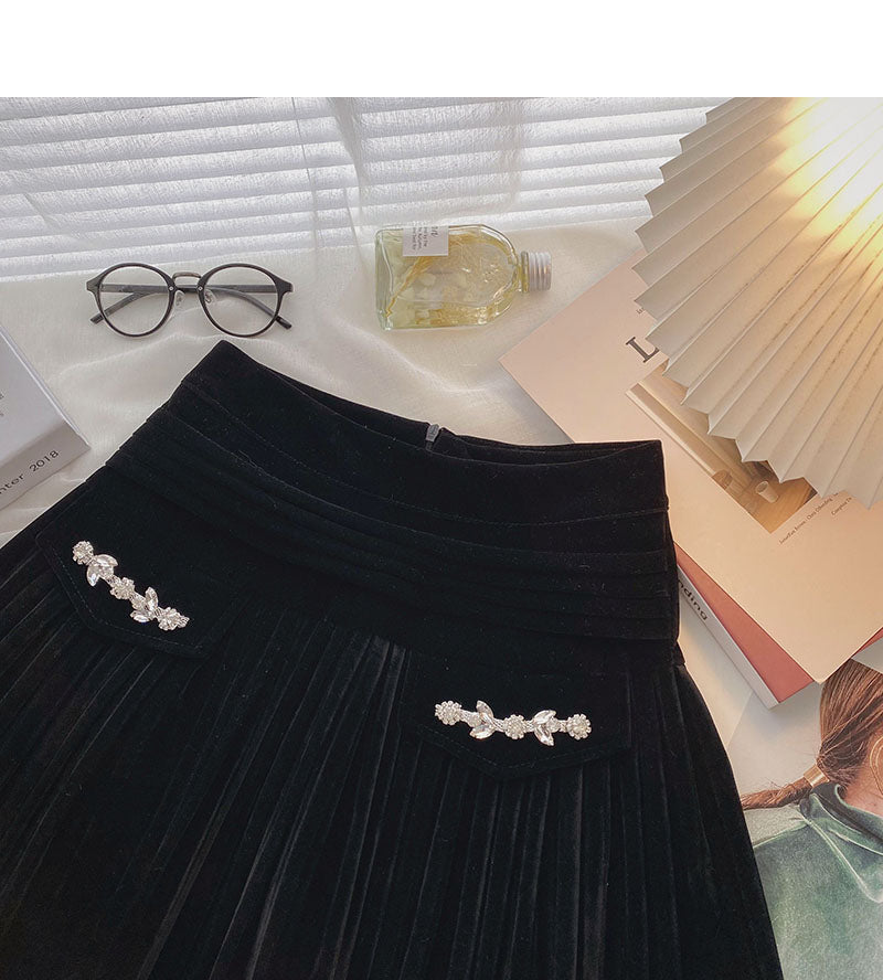 Golden velvet skirt, small design, decorative high waist A-line skirt  5334