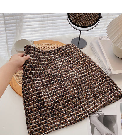 Vintage Plaid tweed skirt temperament high waist A-line skirt  5274