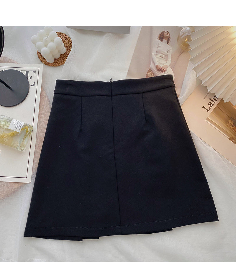 Korean retro simple double row button high waist pleated skirt  5498