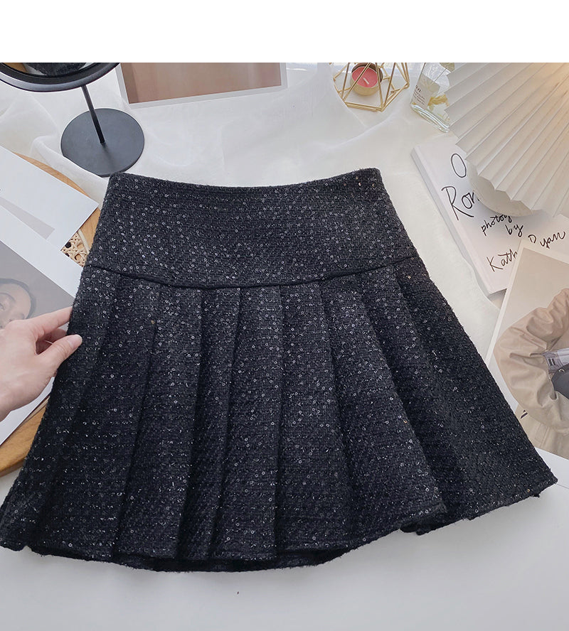 Pleated skirt women's diamond studded high waist Sequin A-line skirt  5390