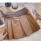 Age reducing pleated high waist A-line skirt with belt  5482