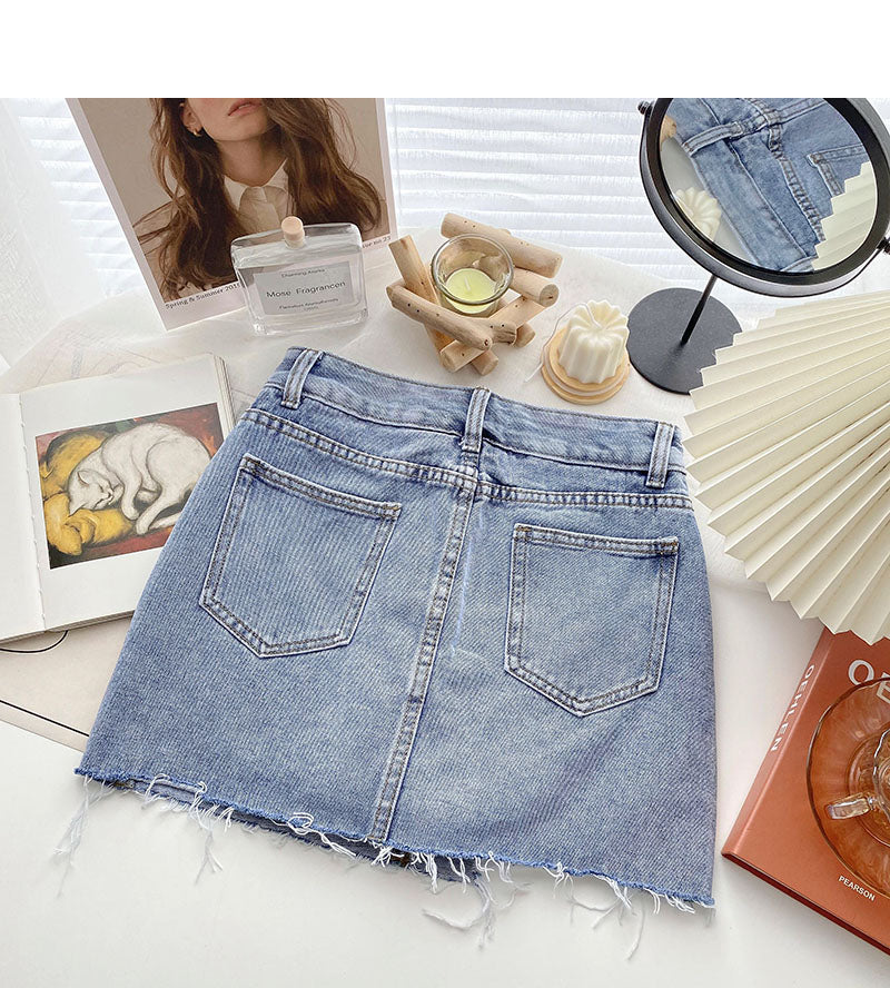Denim bag hip short skirt personality hole high waist A-line skirt  5366