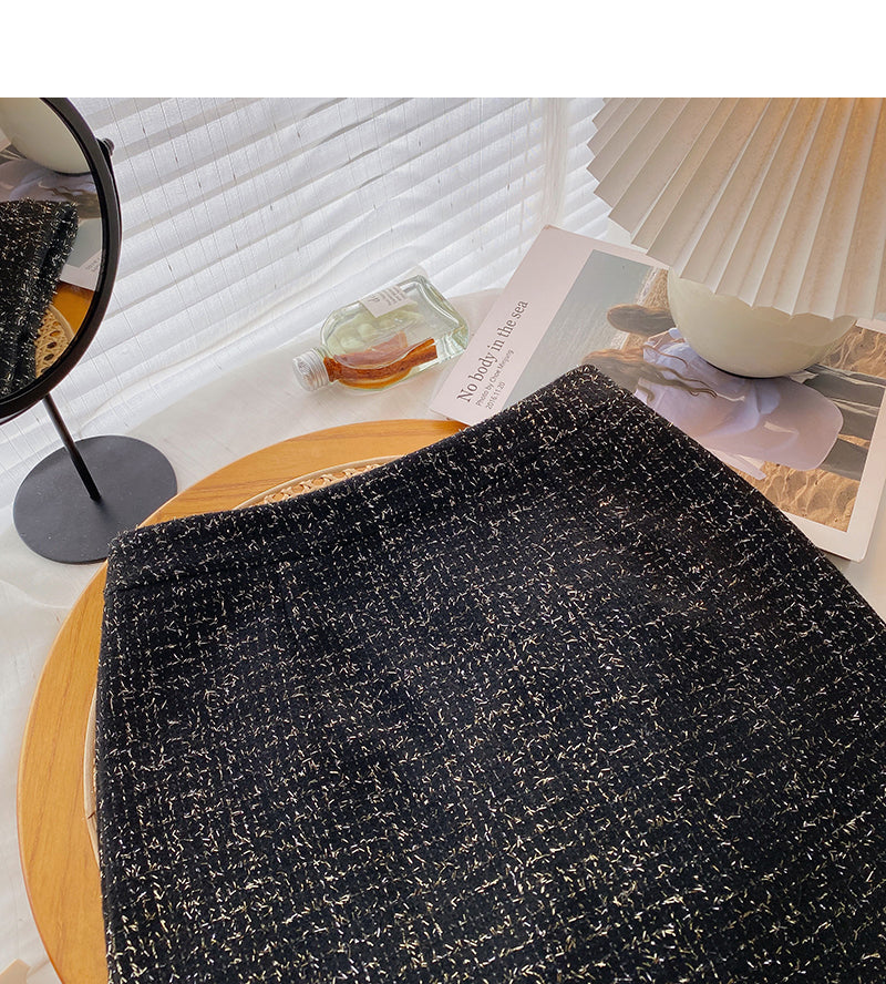 New Korean French retro gold tweed A-shaped high waist skirt  5294