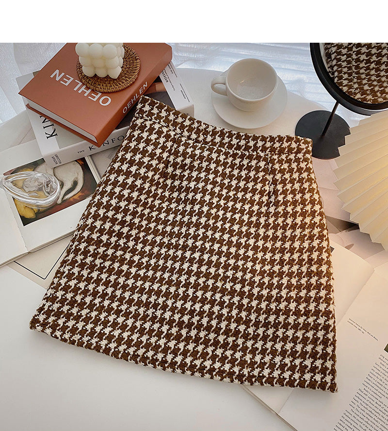 Retro Hong Kong flavor thousand bird lattice thin short skirt women's wear  5297