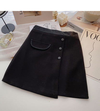 New Korean casual retro design button high waist color blocking a-word skirt  5333