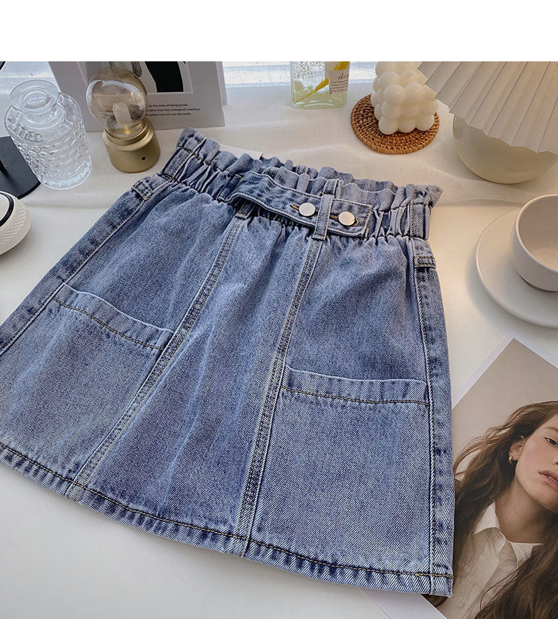 Versatile slim elastic waist denim Vintage A-line skirt  5340