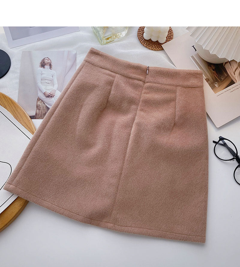 Woolen skirt sweet solid color high waist thin A-line skirt  5438