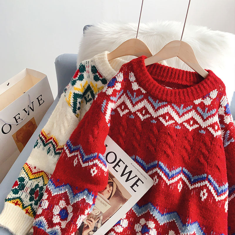 Vintage jacquard red sweater coarse wool sweater top  5134