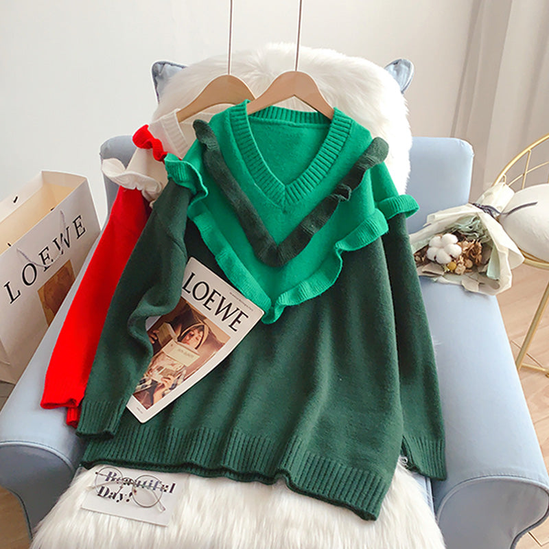 Ruffled V-Neck Sweater aging Knitted Top  5251