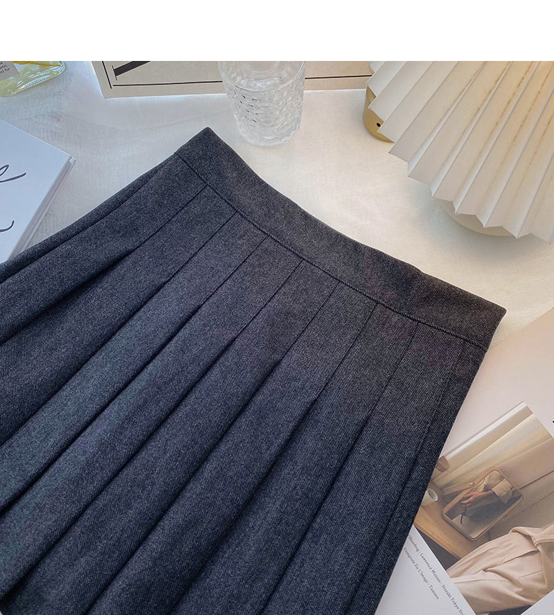 Simple solid color versatile high waist pleated skirt  5351