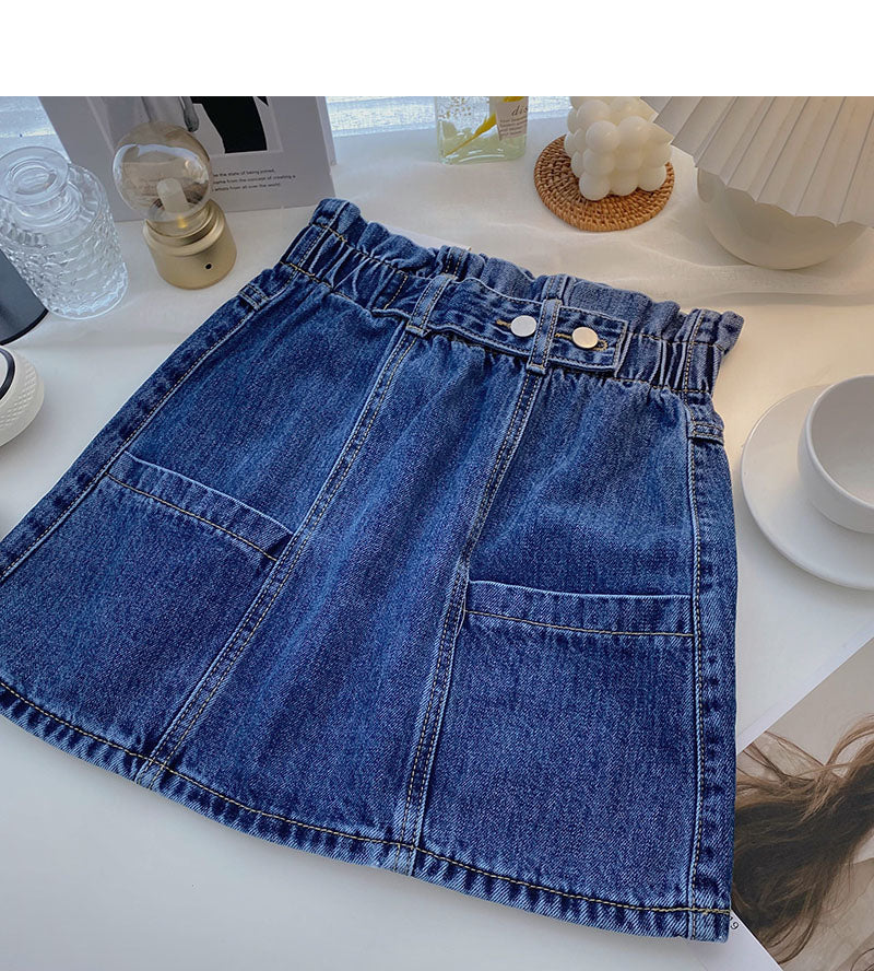 Versatile slim elastic waist denim Vintage A-line skirt  5340