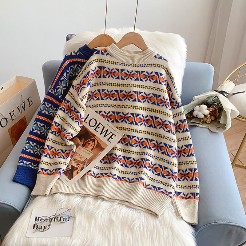 Rundhals-Weinlese-Jacquard-Pullover aus weichem, wachsartigem Material für Damen 5166